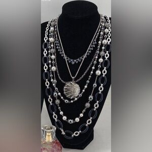 Betsey Johnson stack Silver and Black Layered Necklace Set w earrings and rings